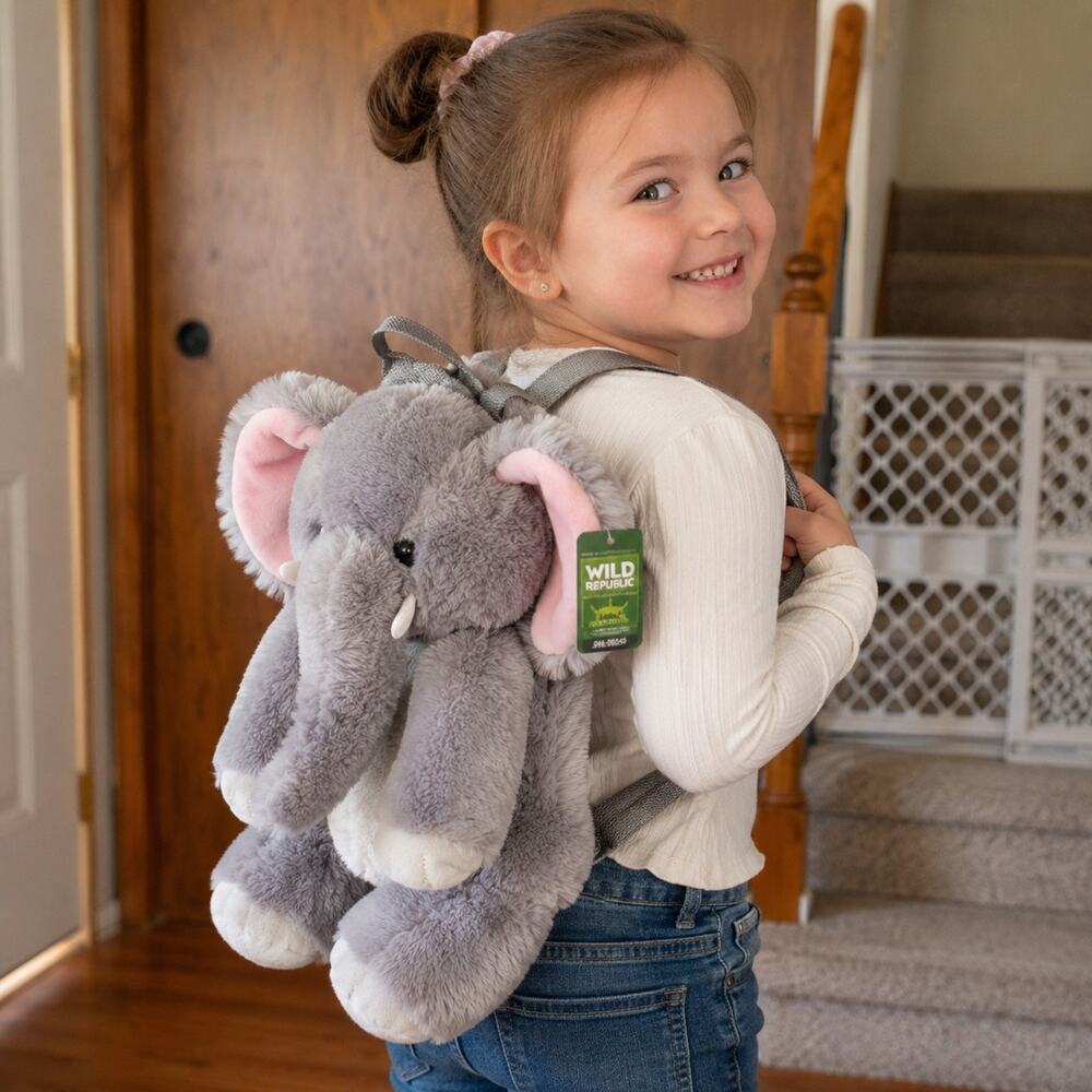 Wild Republic Elephant Plush Backpack Gray Stuffed Animal Kids Bag NWT